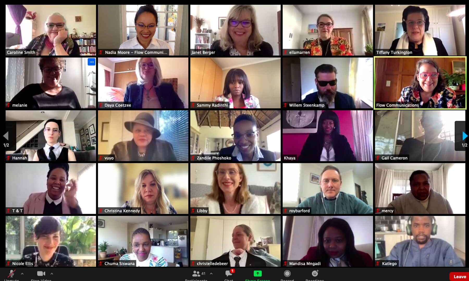 The Flow Communications team at a formal remote meeting