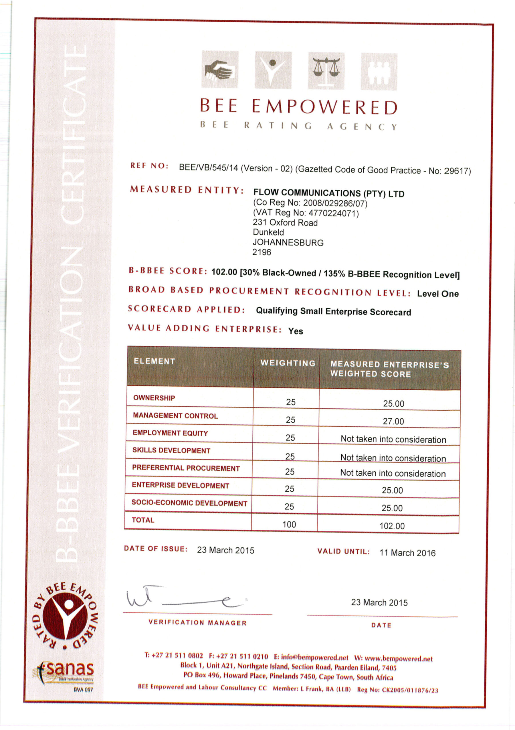 Flow Communications Bee 2015 2016 Bee Level 1
