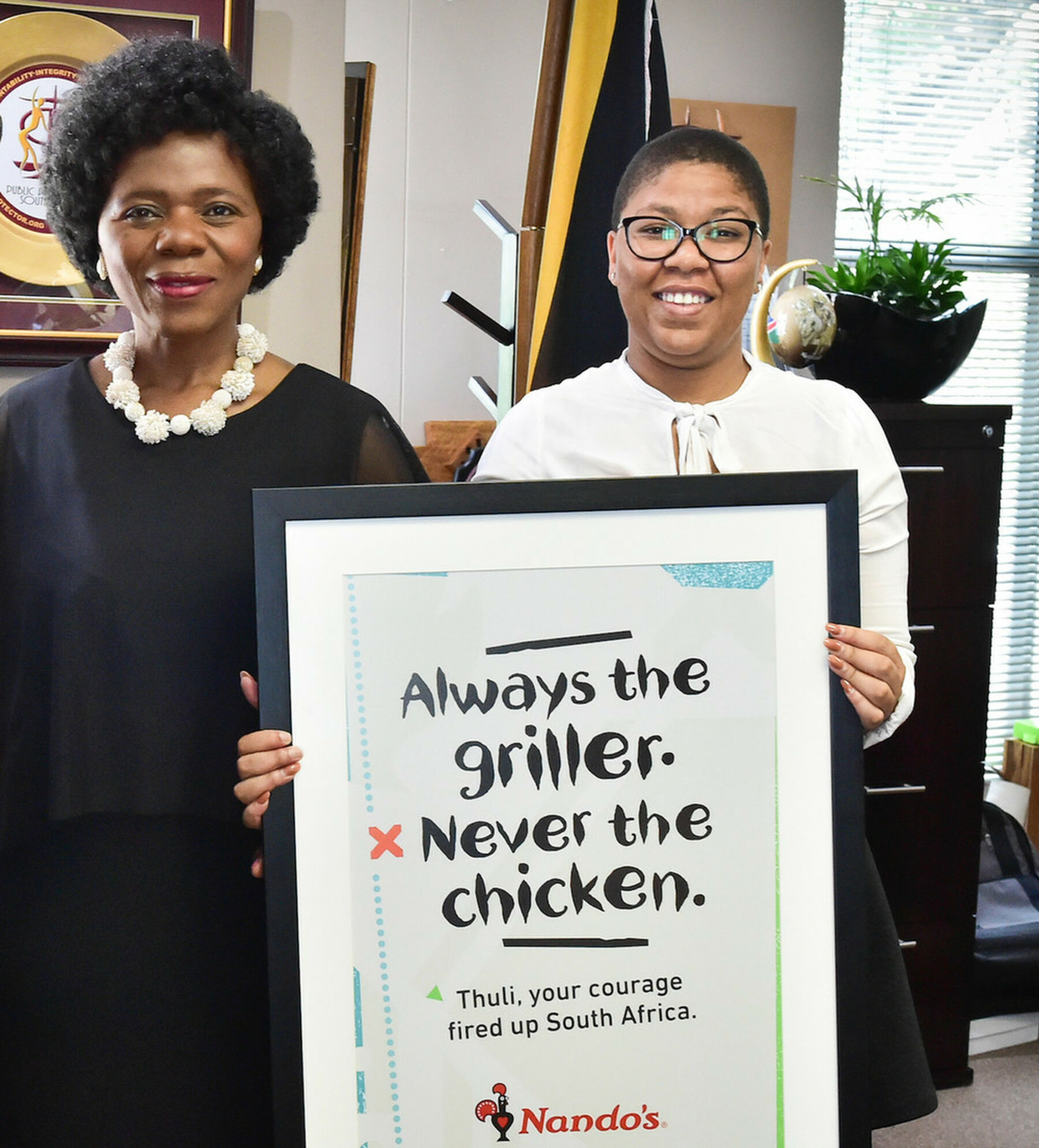 Former public protector, Thuli Madonsela, with Flow's Apaphia Lefatle